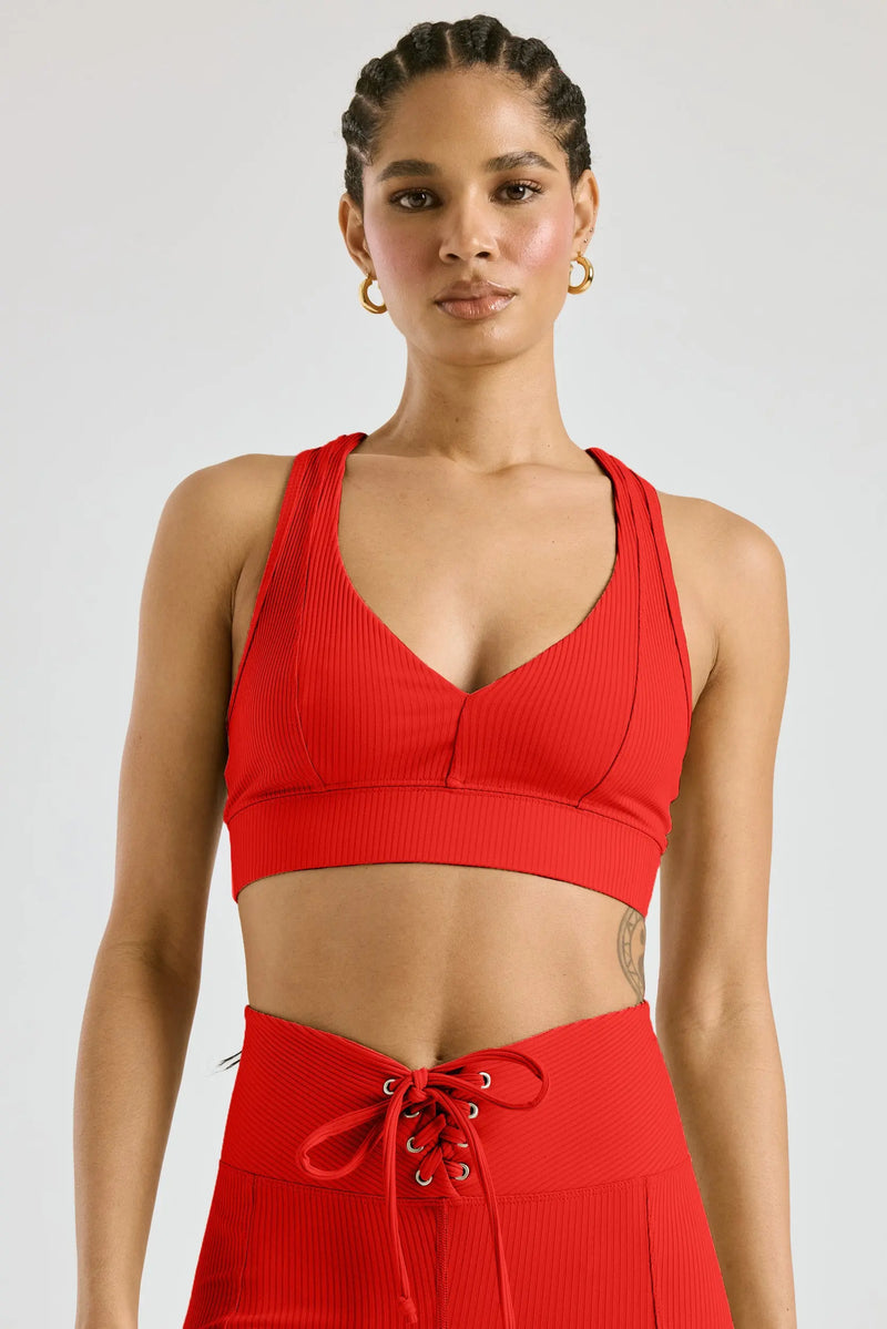YEAR OF OURS Ribbed Mock Neck Bra in Deep Red
