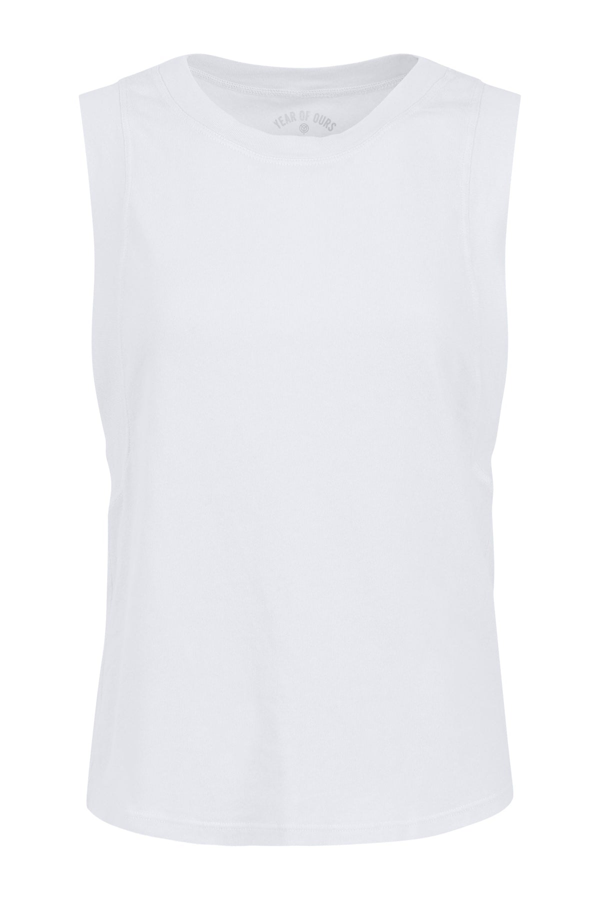 A white sleeveless crewneck tank top shown flat against a solid white background.