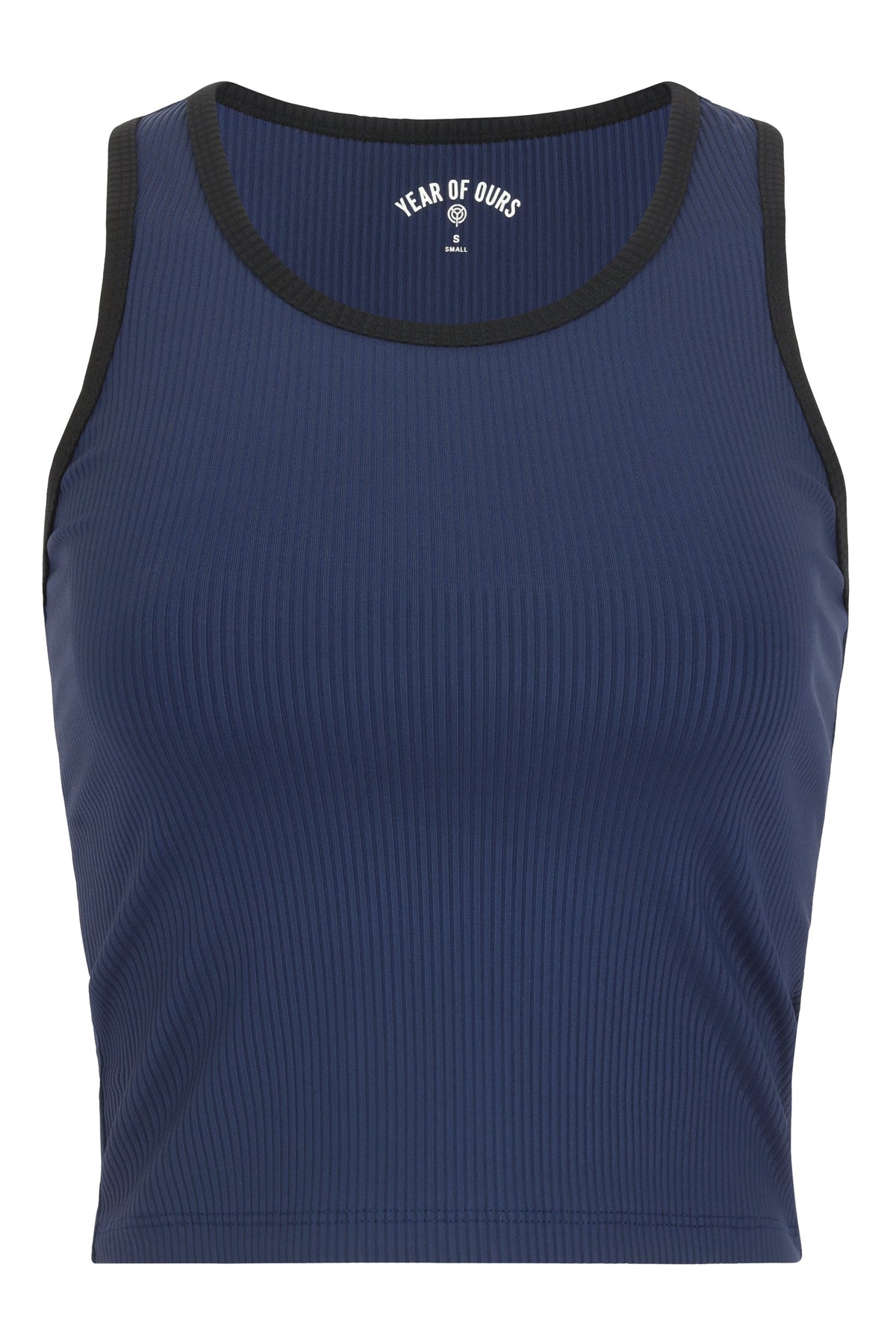 A navy blue ribbed tank top with black trim around the scoop neck and armholes, featuring a white 'WEAR OF OURS' logo printed inside the collar, shown against a plain white background.